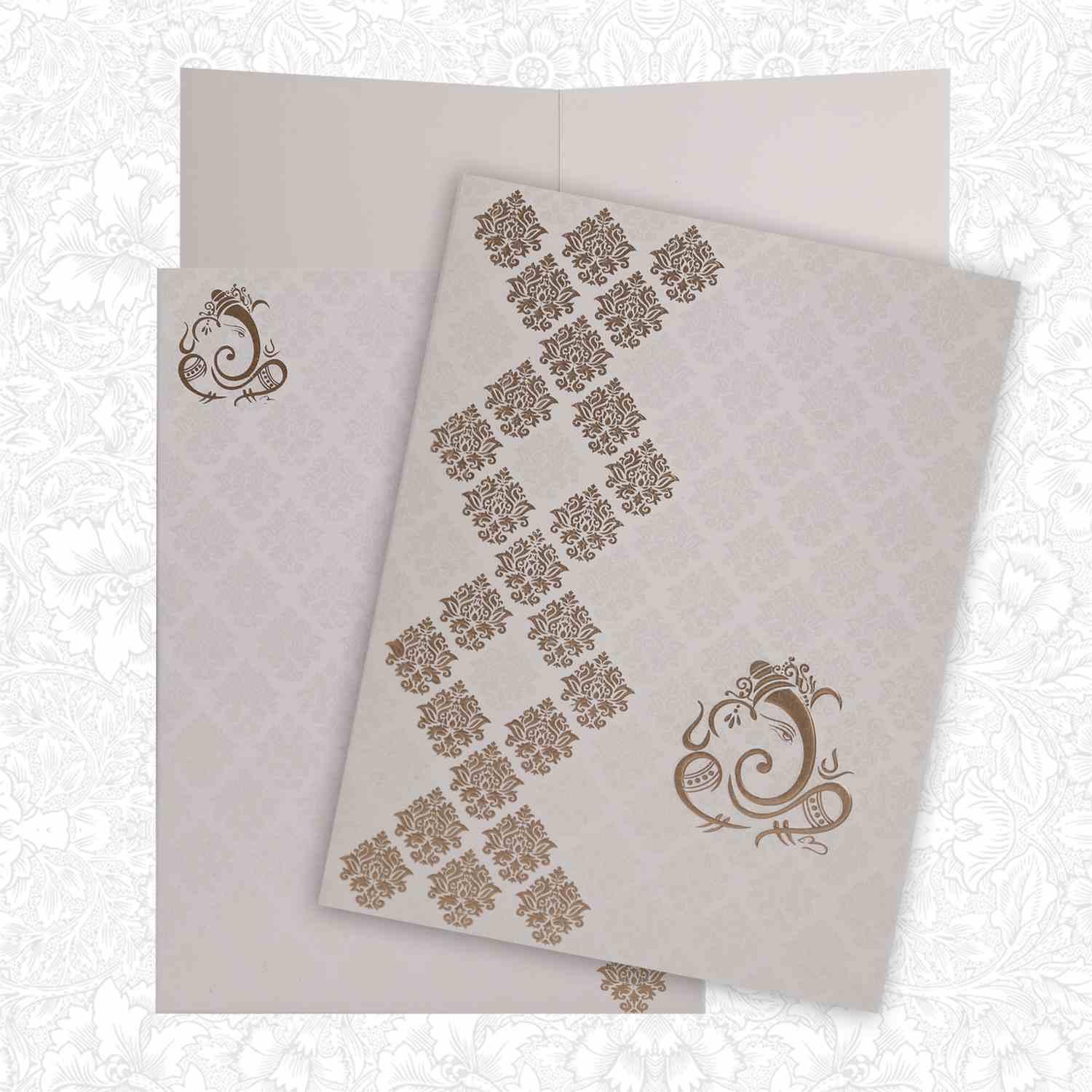 Gold Foiling Embossed Ganesha With White Shading Wedding Card - KNK1145-0